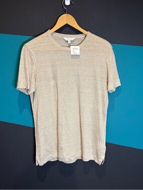 Club Monaco 100% Linen Lightweight Beige & Ivory Stripe Short Sleeve Tee